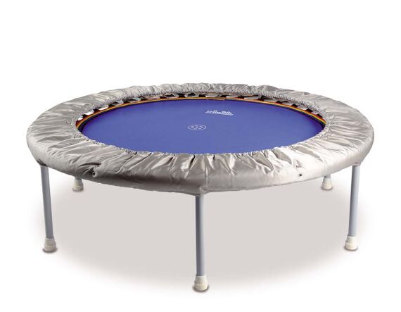 Trimilin Trampolin Superswing Plus mit Klappbeinen, mit Gummikabel, Ø 120 cm, für bis zu 80 kg, Matte blau, Randbezug silber