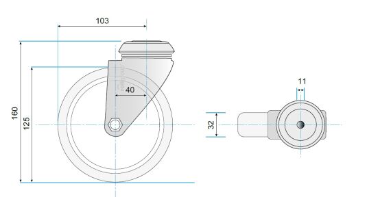 Apparate-Lenkrolle, Ø 125 mm mit Rückenloch, Kugelgelagert, Vollgummilauffläche, Tragfähigkeit 100 kg