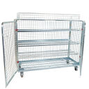 Geräte-Transportwagen aus verzinktem Stahl, 150x62 cm, Höhe 1190 mm mit 2 Türen, 3 Zwischenböden und Korbaufsatz